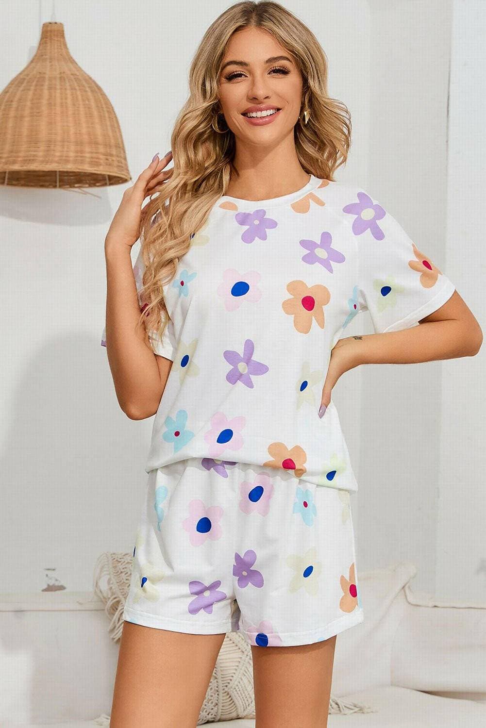 Floral Bliss Lounge Ensemble with trendy raglan sleeves and colorful floral design.