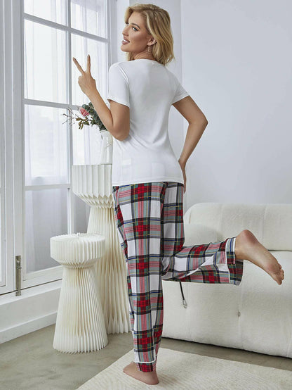 Plaid Lounge Set with Stylish V-Neck Top and Cozy Trousers - Love Salve 