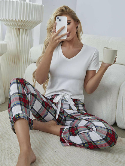 Plaid Lounge Set with Stylish V-Neck Top and Cozy Trousers - Love Salve 