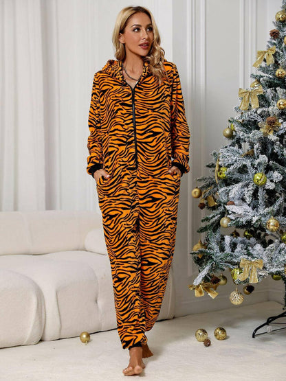 Safari Chic Zip-Up Jumpsuit with Playful Animal Print and Convenient Pockets - Love Salve 