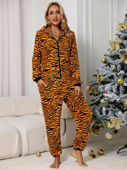 Safari Chic Zip-Up Jumpsuit with Playful Animal Print and Convenient Pockets - Love Salve 