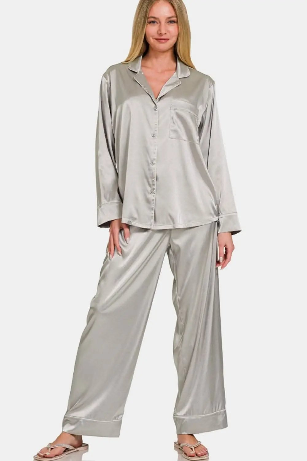 Zenana satin pajama set - long sleeves, luxe comfort - Love Salve 
