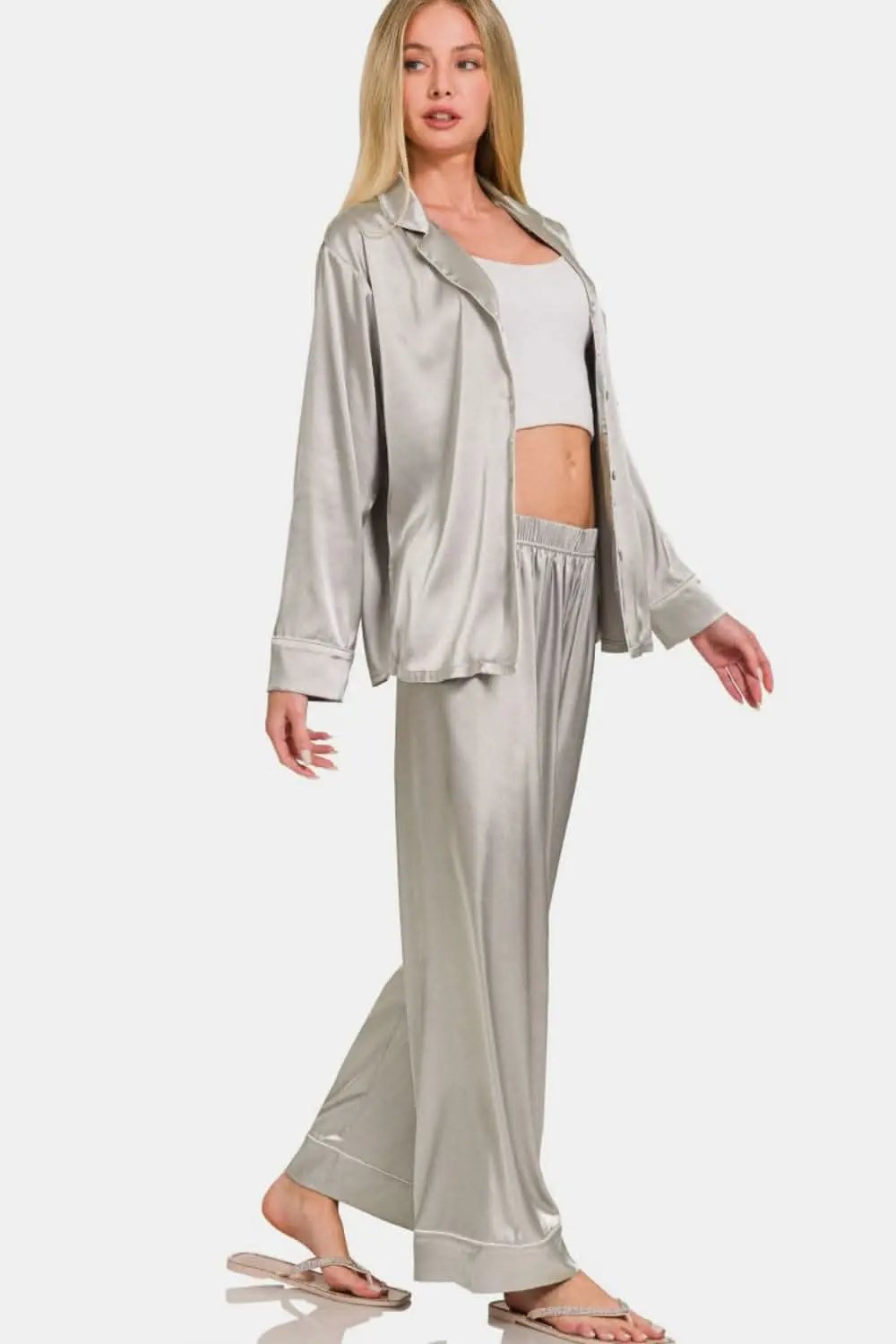 Zenana satin pajama set - long sleeves, luxe comfort - Love Salve 