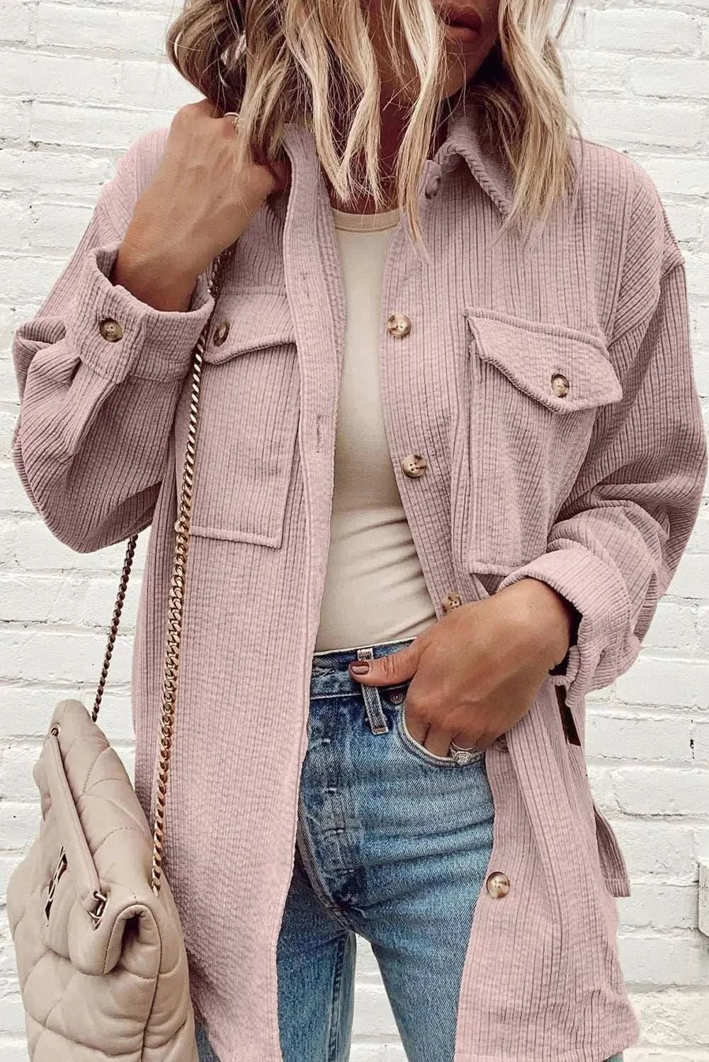 Cozy button-up shacket with pockets 