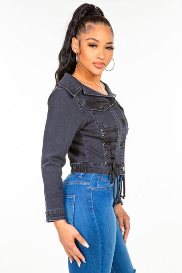 Chic off-shoulder lace-up denim jacket - Love Salve 