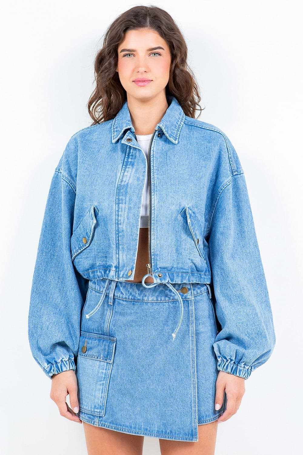 Cropped denim jacket with drawstring waist - Love Salve 