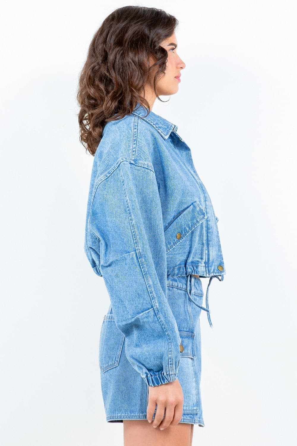 Cropped denim jacket with drawstring waist - Love Salve 