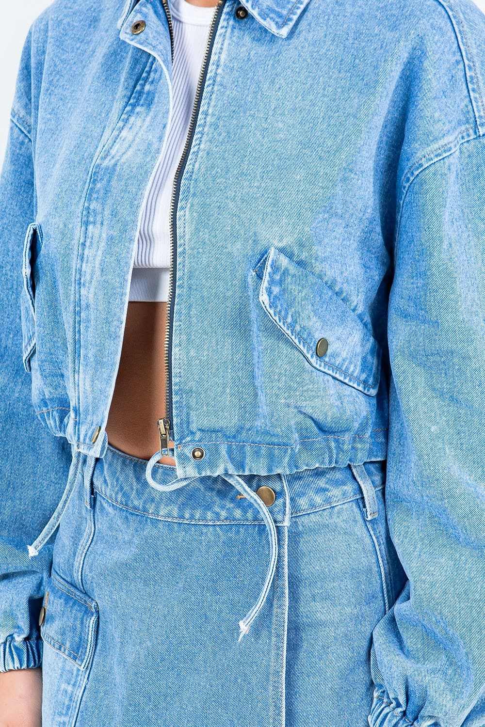 Cropped denim jacket with drawstring waist - Love Salve 