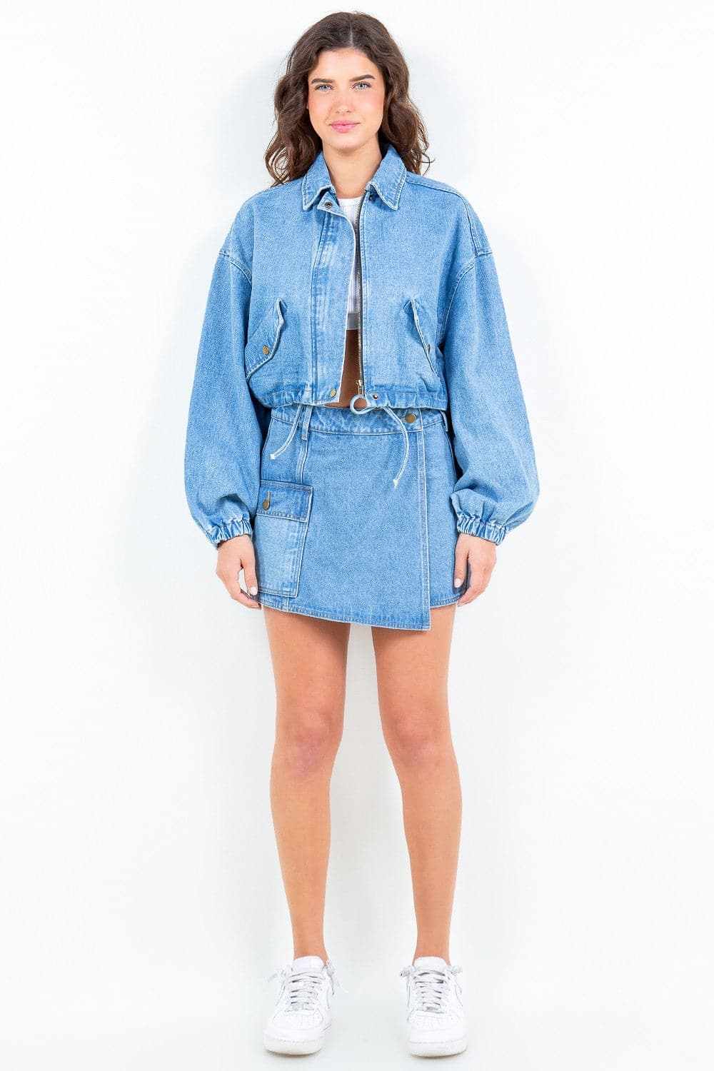 Cropped denim jacket with drawstring waist - Love Salve 