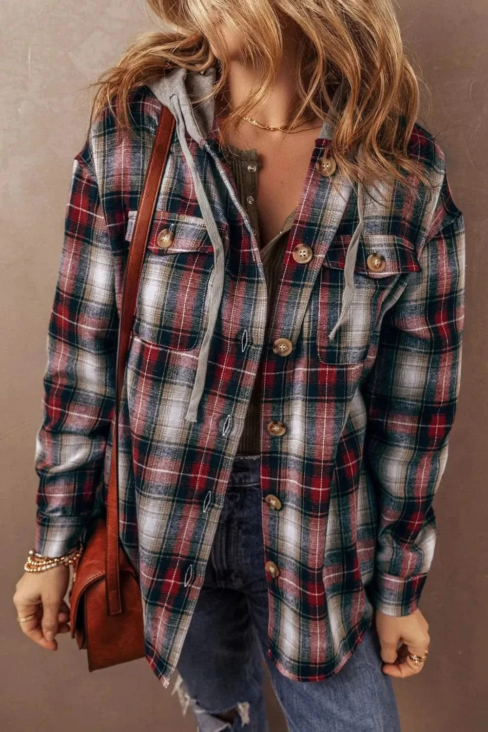Casual plaid shacket with hood - Love Salve 