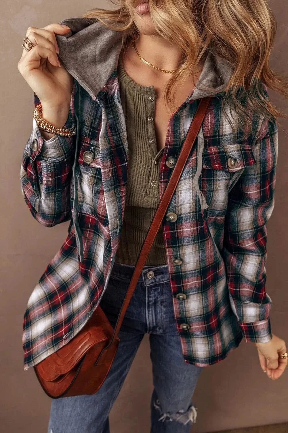 Casual plaid shacket with hood - Love Salve 
