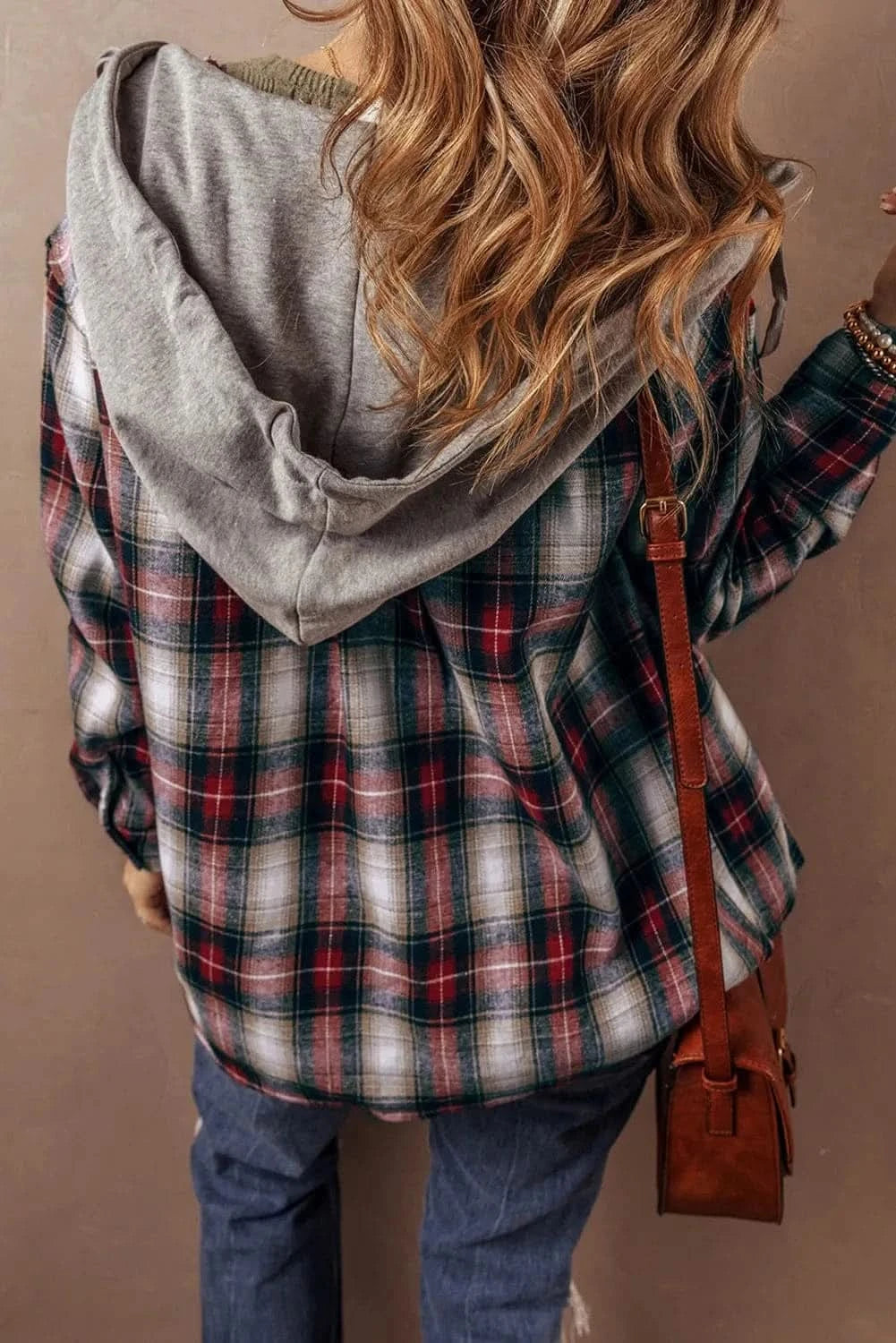 Casual plaid shacket with hood - Love Salve 