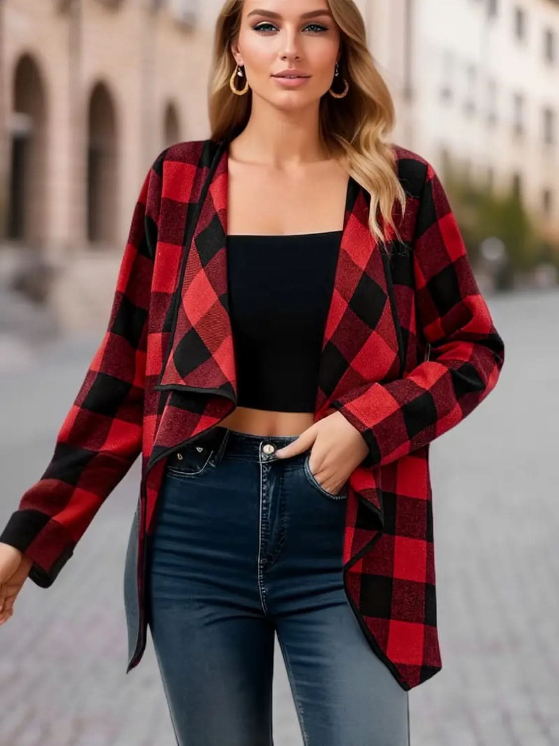 Chic Plaid Long Sleeve Jacket - Love Salve 
