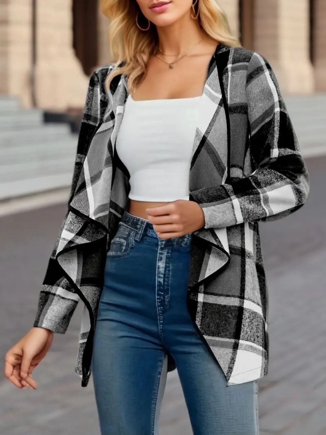 Chic Plaid Long Sleeve Jacket - Love Salve 