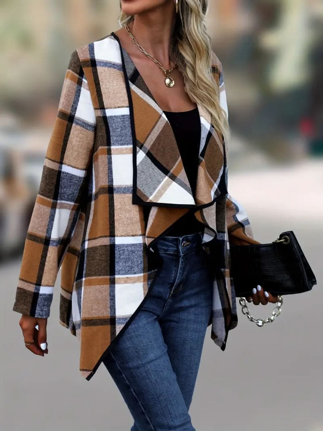 Chic Plaid Long Sleeve Jacket - Love Salve 