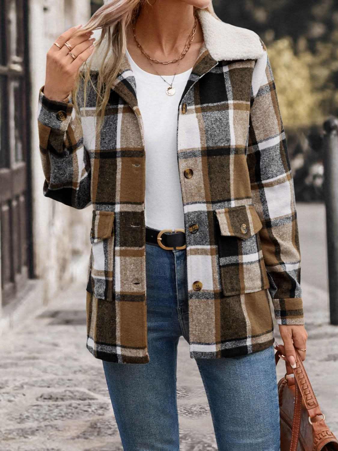 Plaid Button-Up Jacket with Pockets - Love Salve 