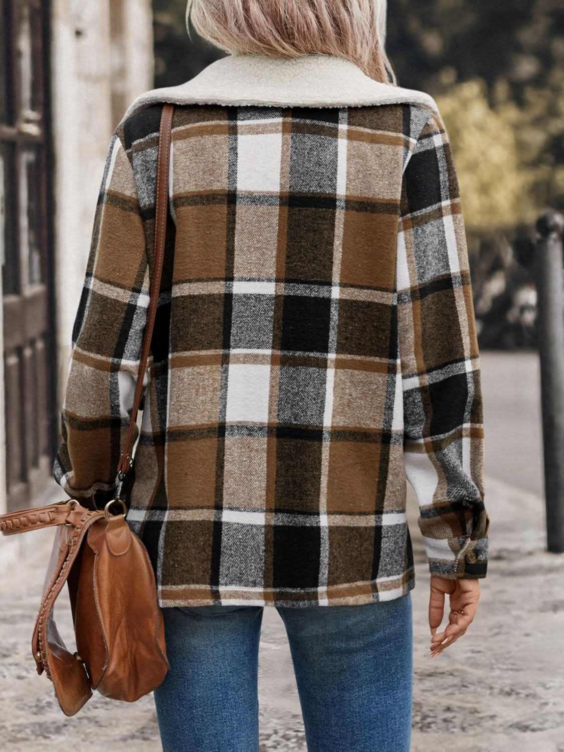 Plaid Button-Up Jacket with Pockets - Love Salve 