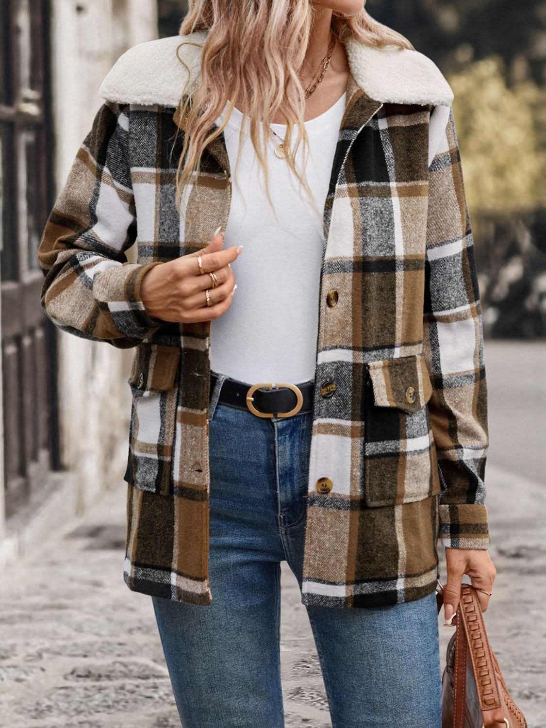 Plaid Button-Up Jacket with Pockets - Love Salve 
