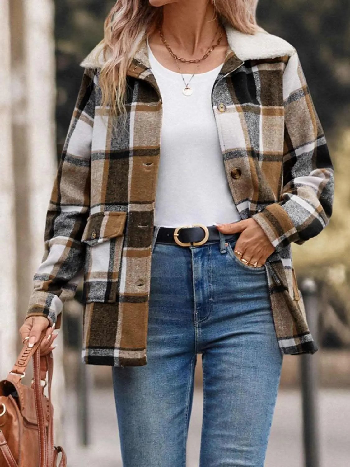 Plaid Button-Up Jacket with Pockets - Love Salve 