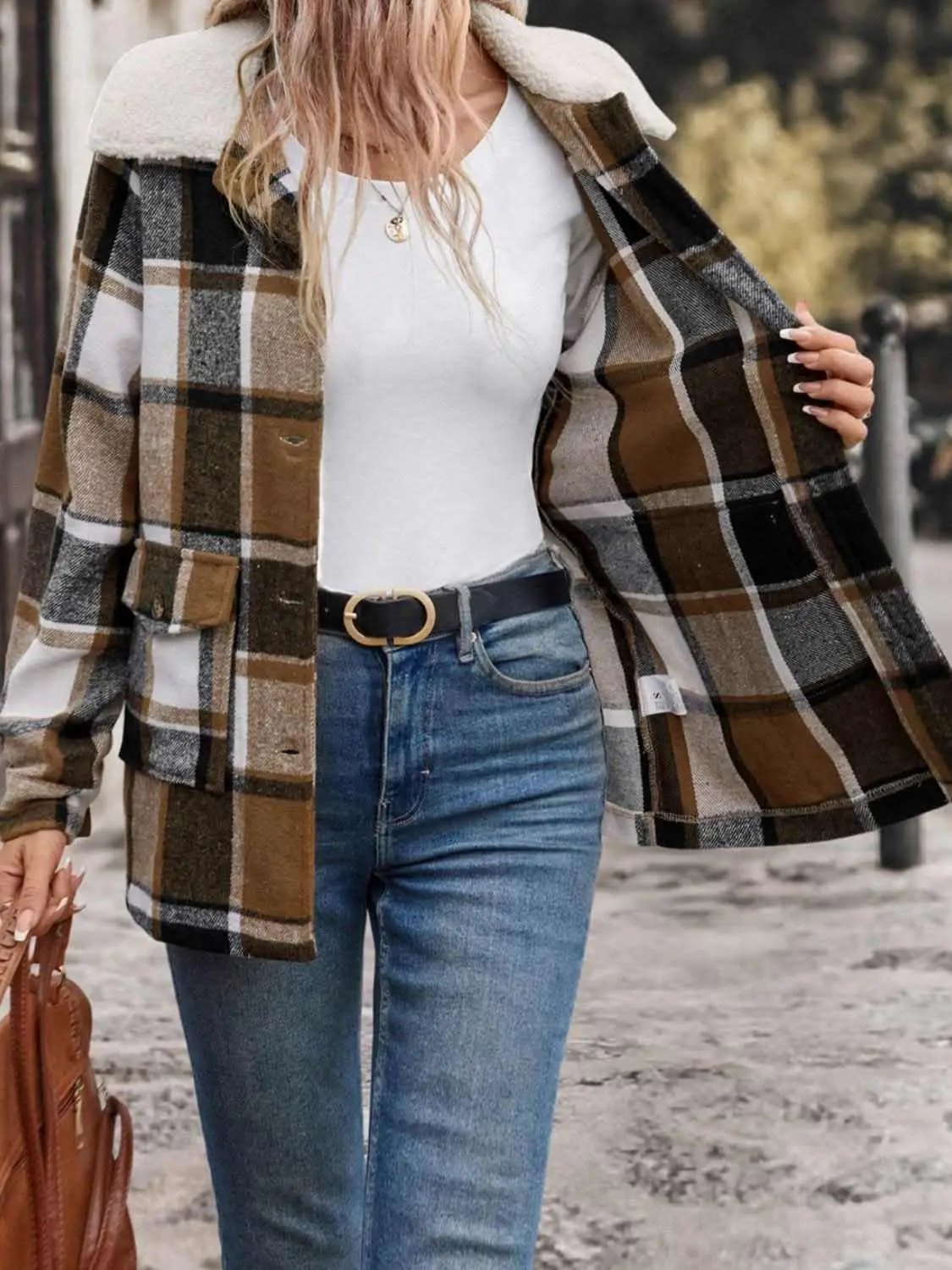 Plaid Button-Up Jacket with Pockets - Love Salve 