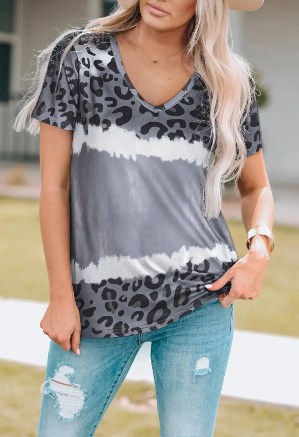 Leopard Print V-Neck Tee - Love Salve 