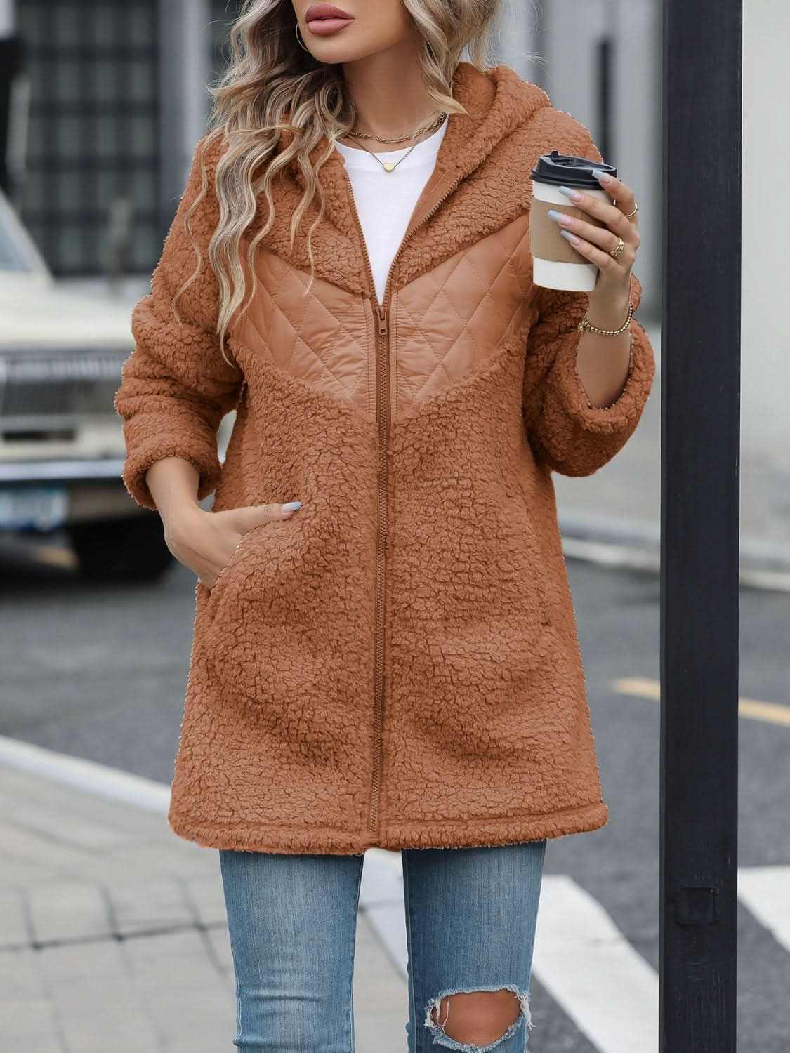 Cozy fleece hooded jacket with pockets - Love Salve 
