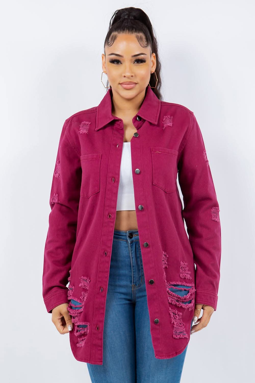Distressed denim long sleeve jacket - Love Salve 