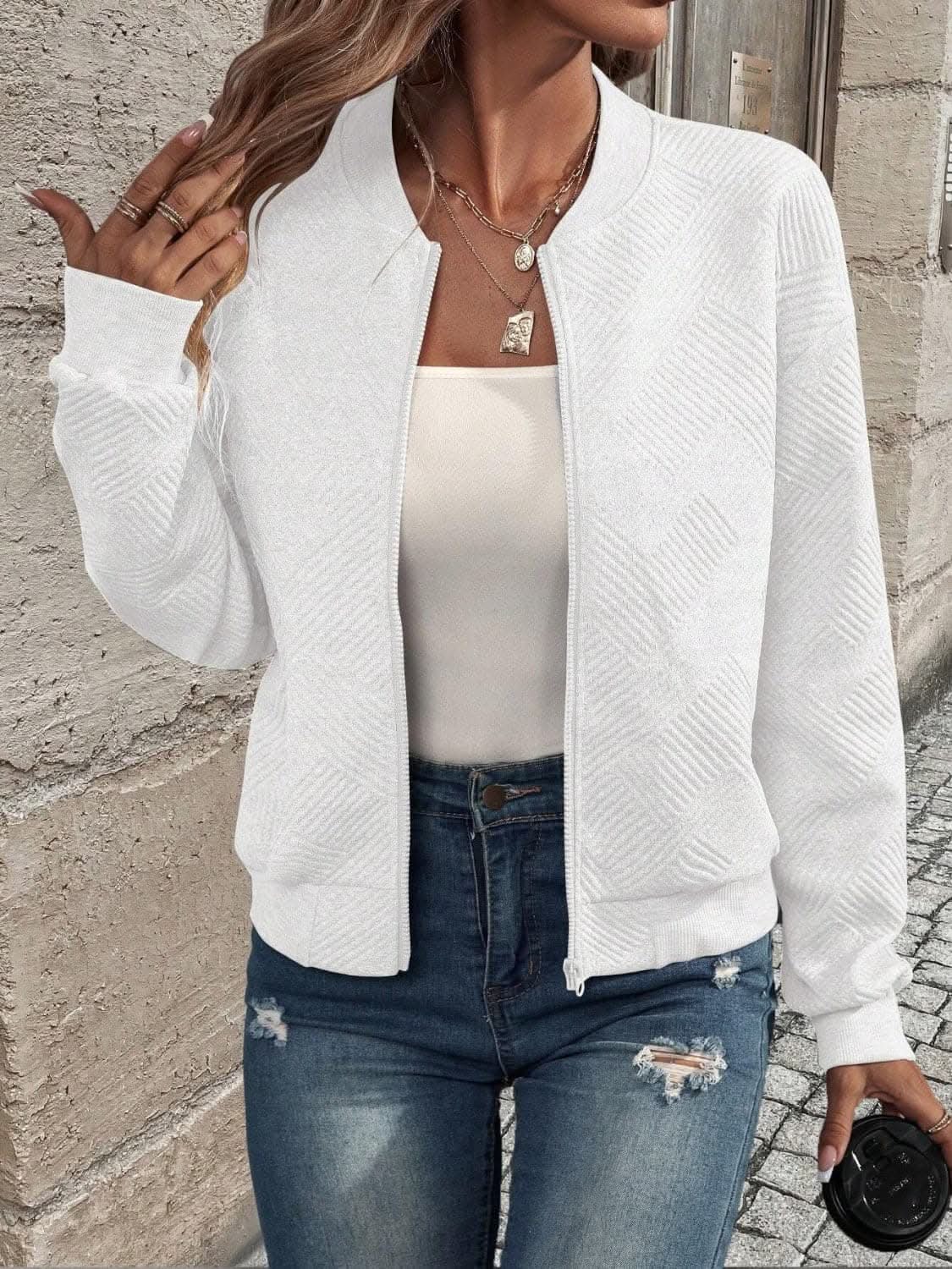 Chic zip-up jacket - long sleeve, 100% polyester - Love Salve 