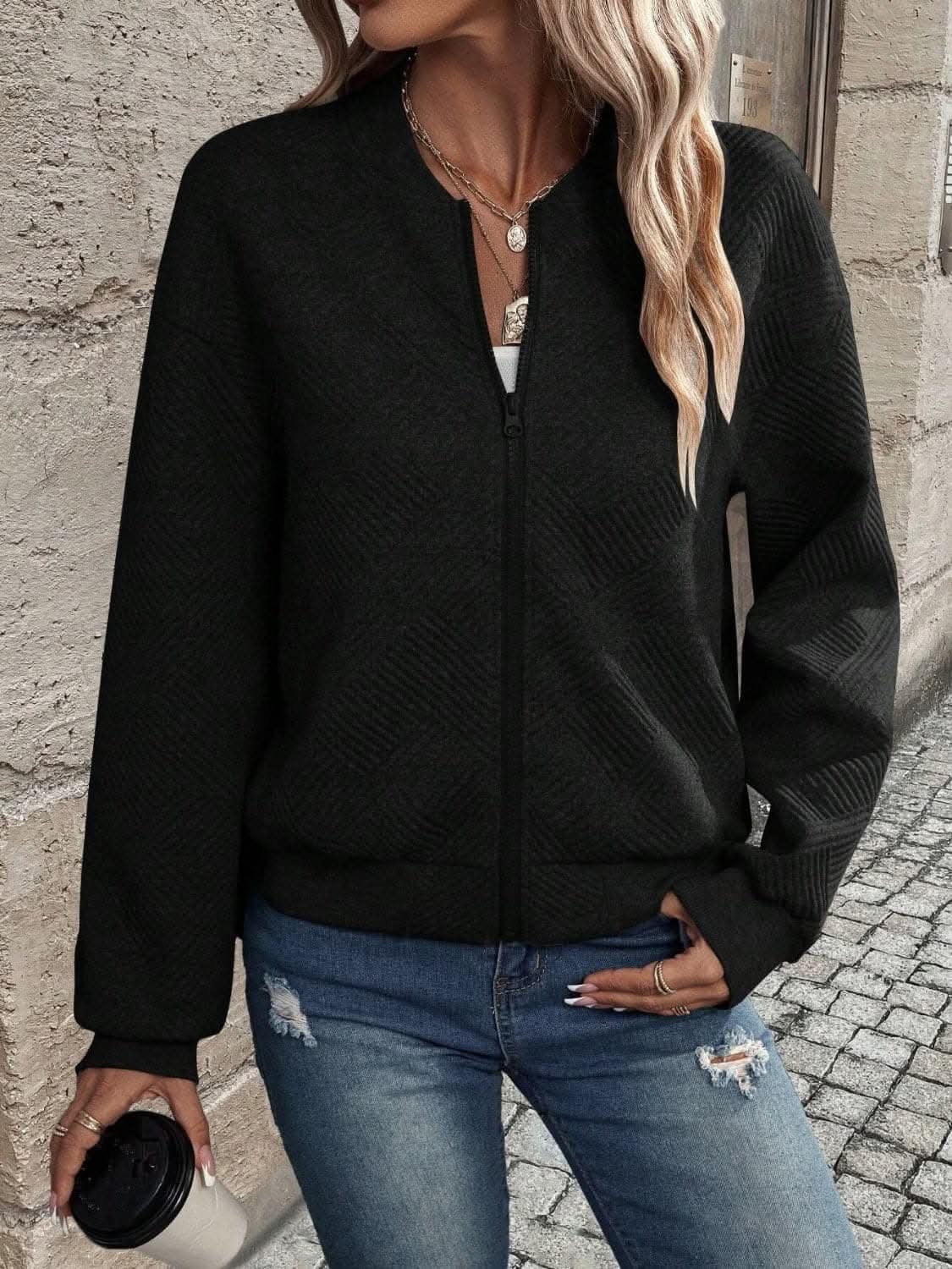 Chic zip-up jacket - long sleeve, 100% polyester - Love Salve 