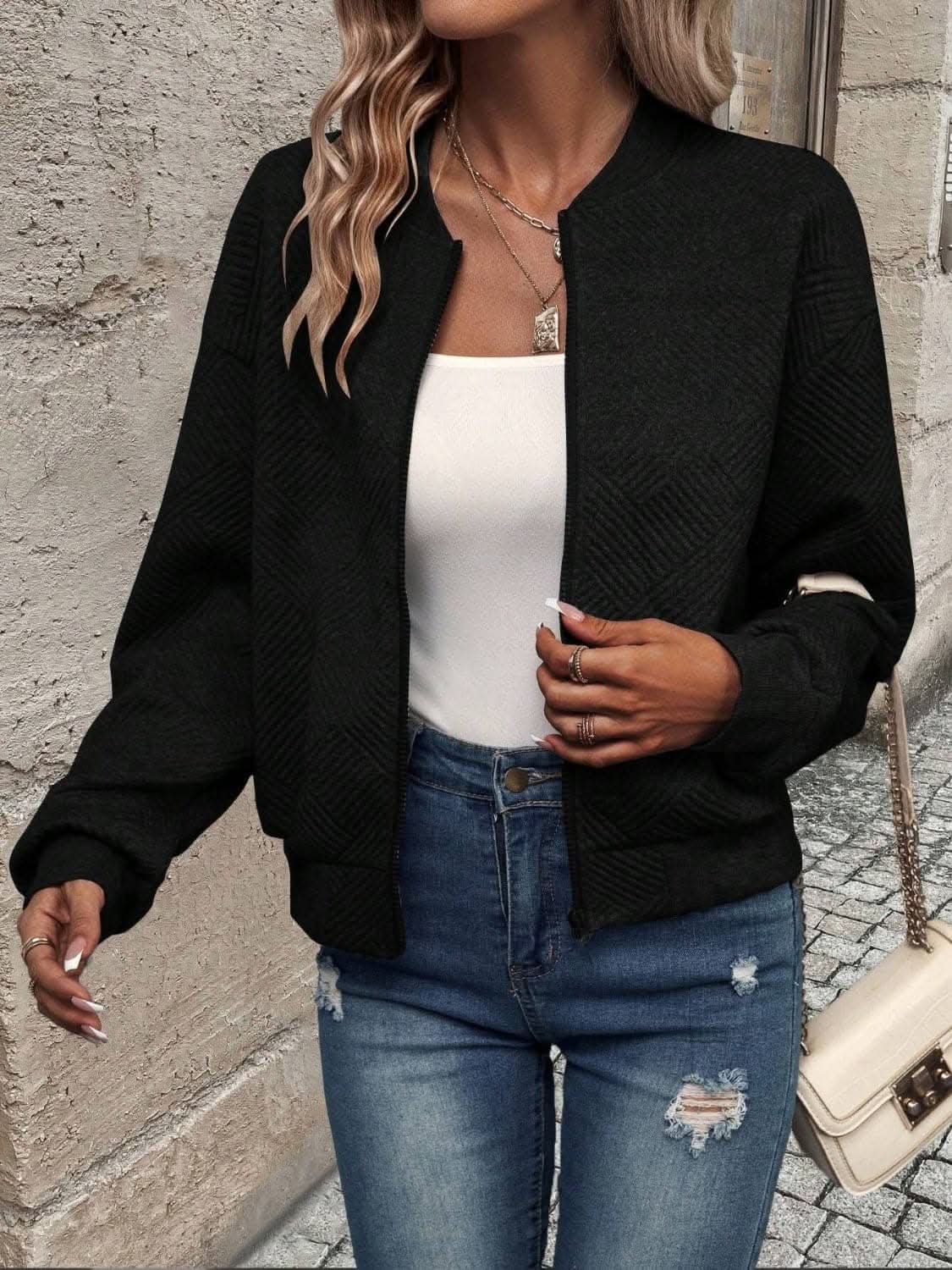 Chic zip-up jacket - long sleeve, 100% polyester - Love Salve 