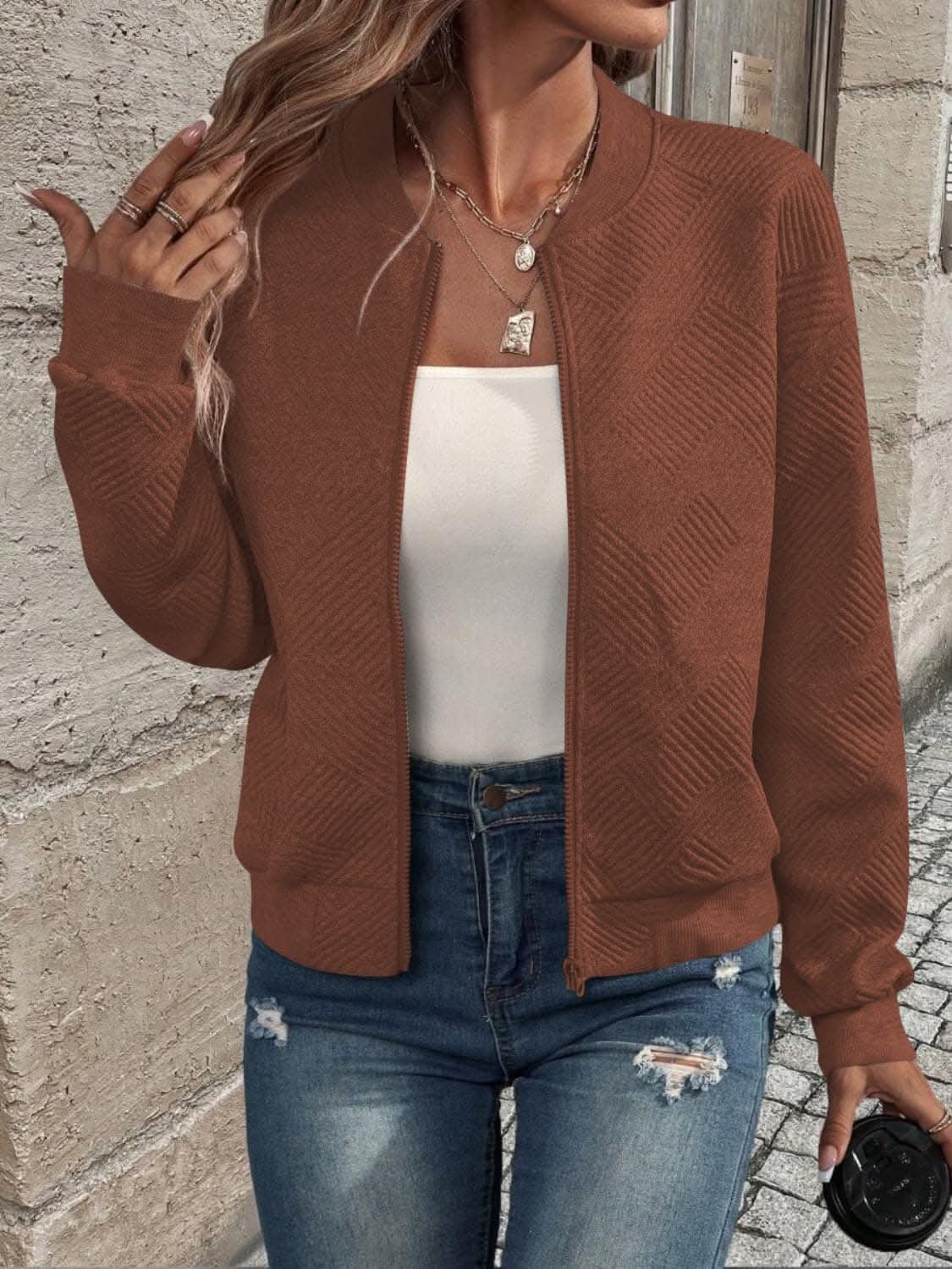 Chic zip-up jacket - long sleeve, 100% polyester - Love Salve 