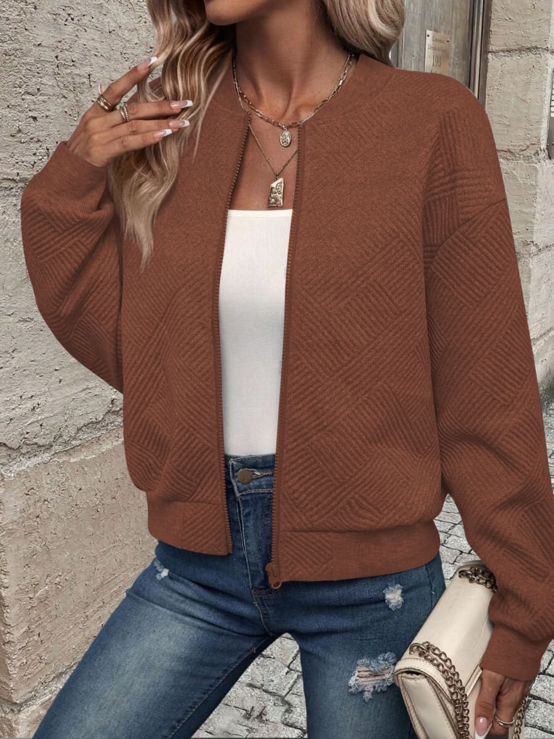 Chic zip-up jacket - long sleeve, 100% polyester - Love Salve 