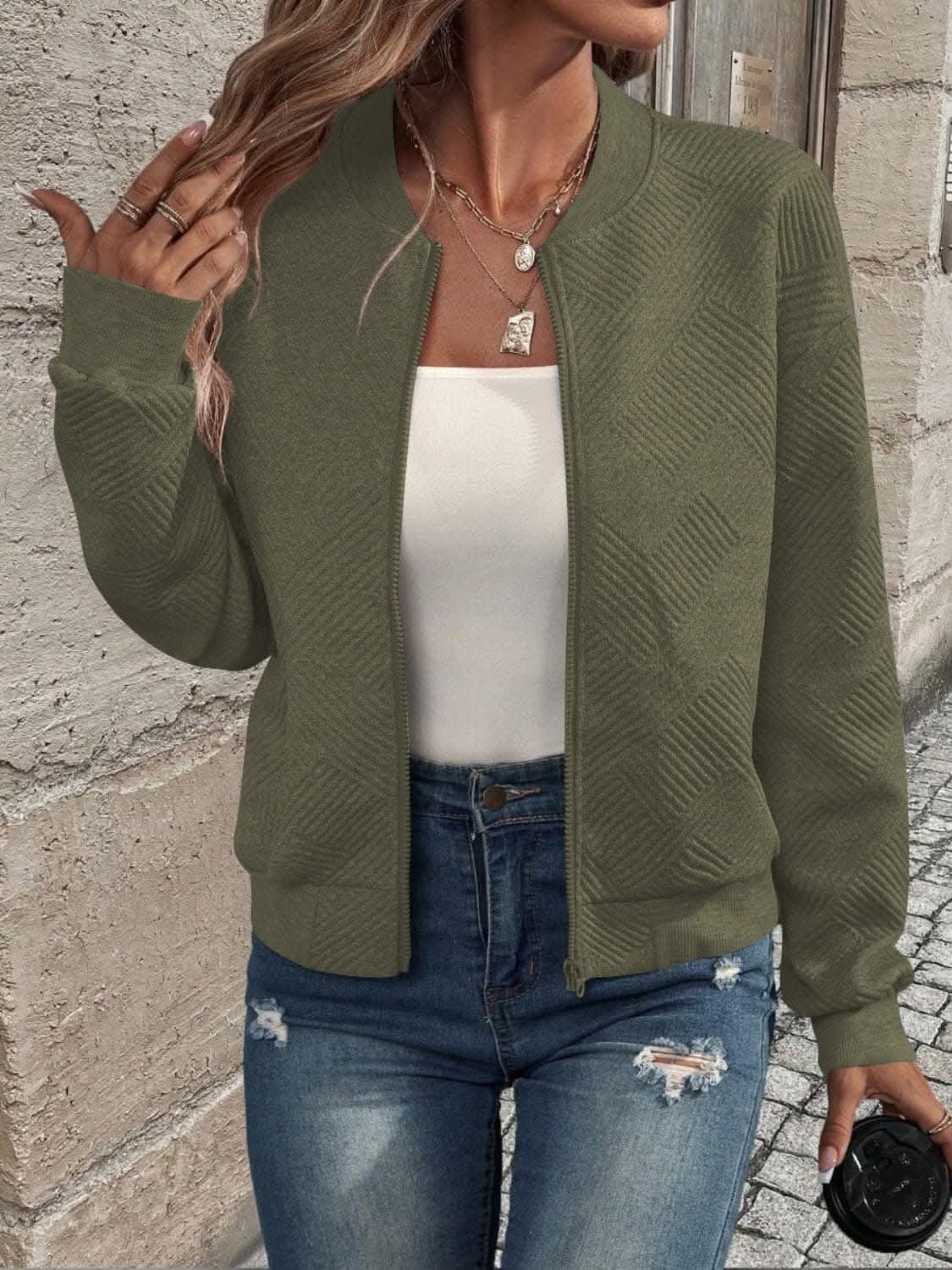 Chic zip-up jacket - long sleeve, 100% polyester - Love Salve 