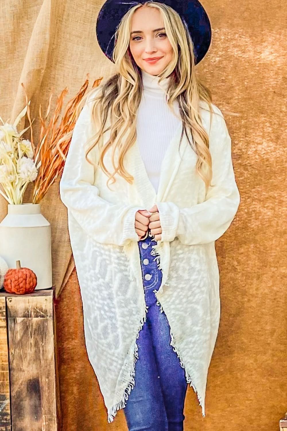 Textured knit fringe cardigan - Love Salve 