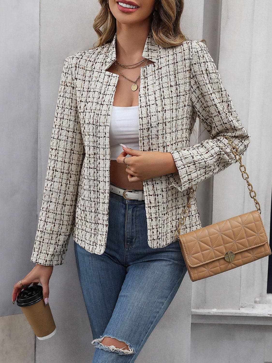 Chic plaid long sleeve jacket - Love Salve 