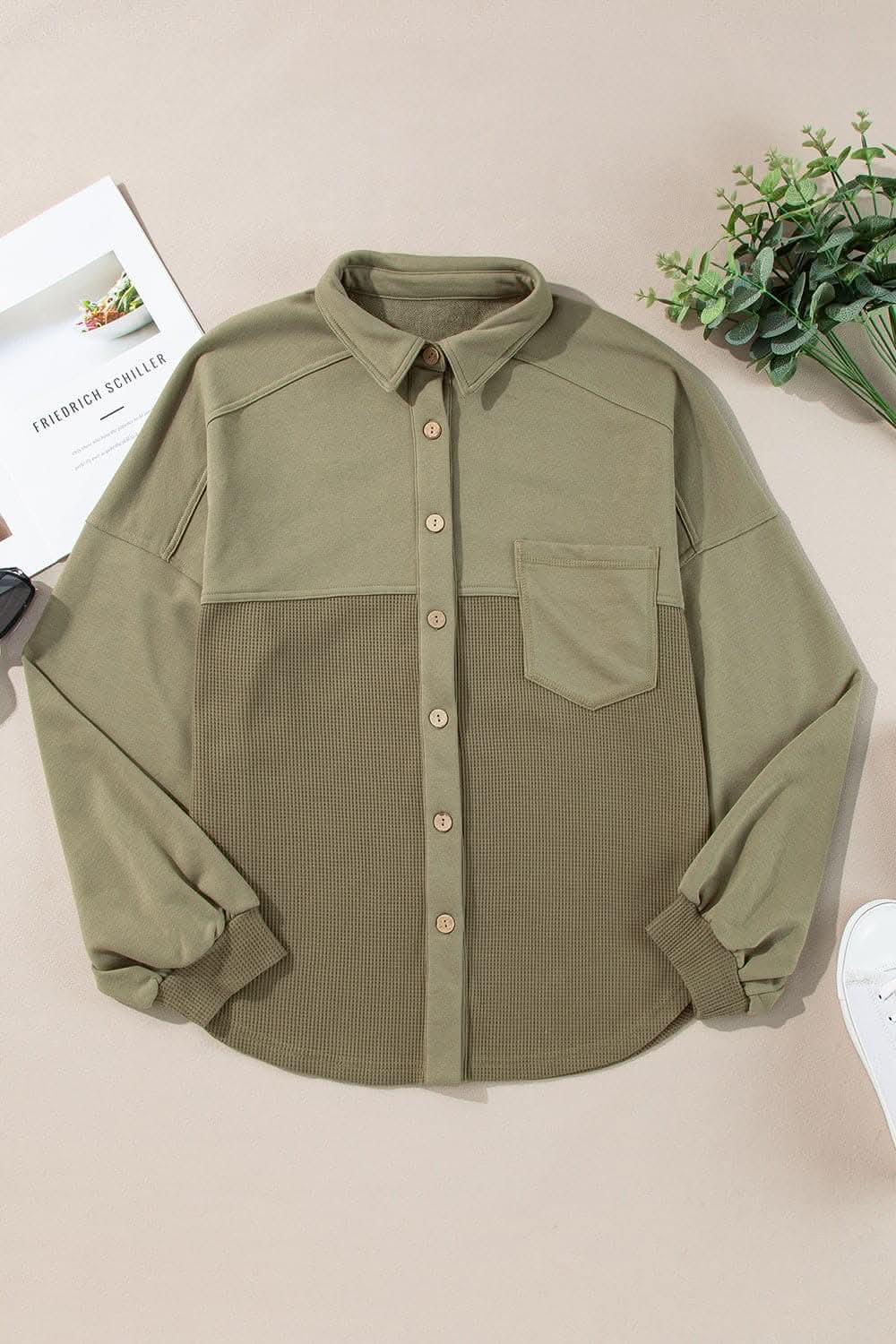 Waffle-knit collared shacket - Love Salve 