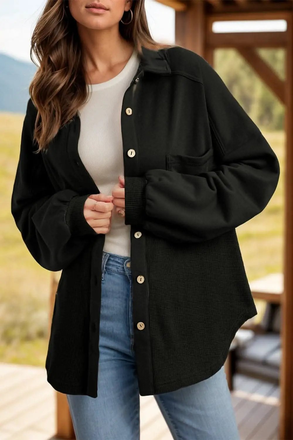 Waffle-knit collared shacket - Love Salve 