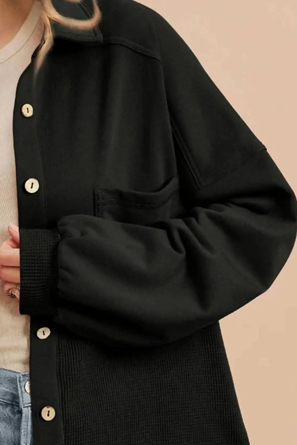 Waffle-knit collared shacket - Love Salve 