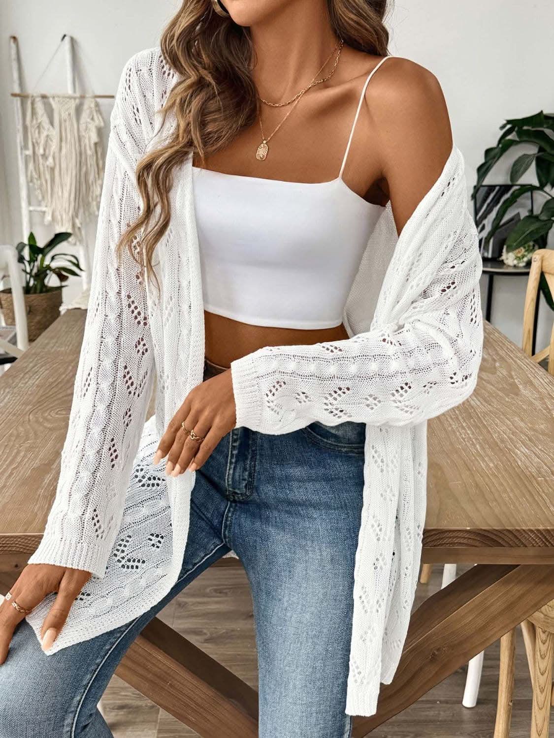 Chic long sleeve openwork cardigan - Love Salve 