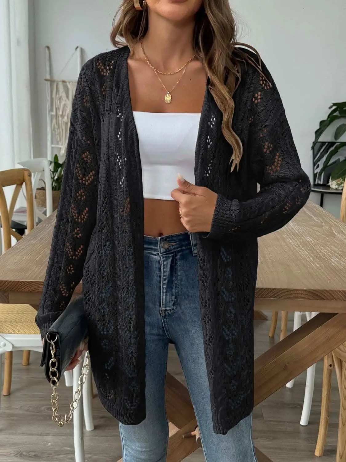 Chic long sleeve openwork cardigan - Love Salve 
