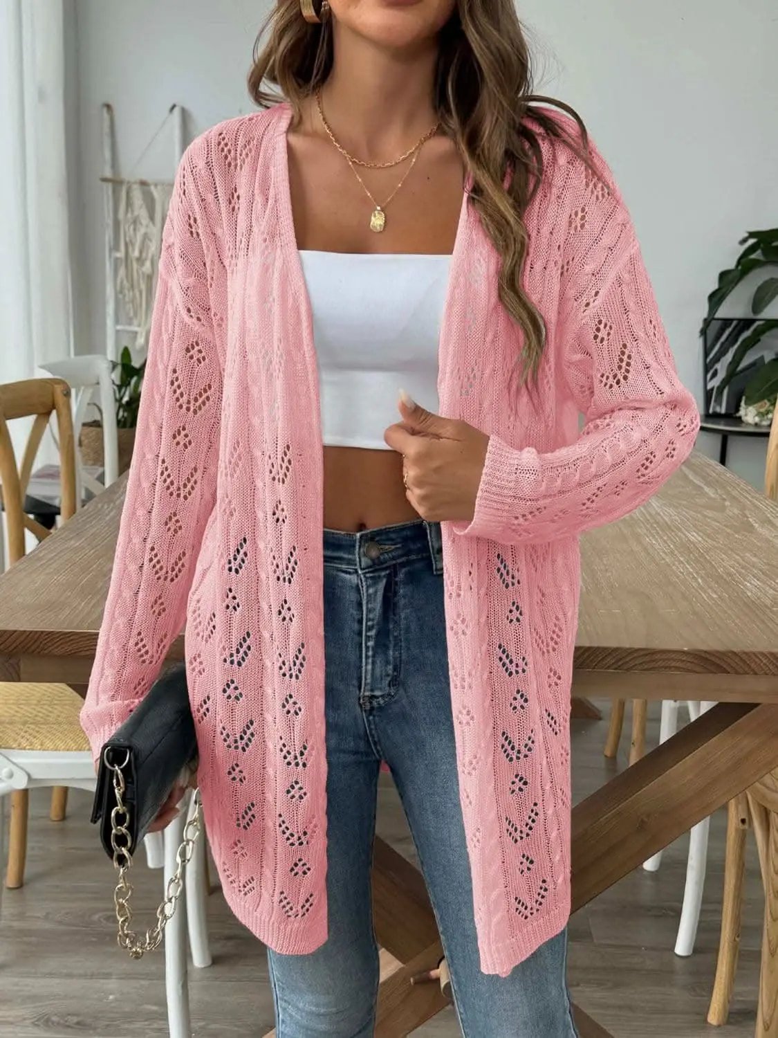 Chic long sleeve openwork cardigan - Love Salve 