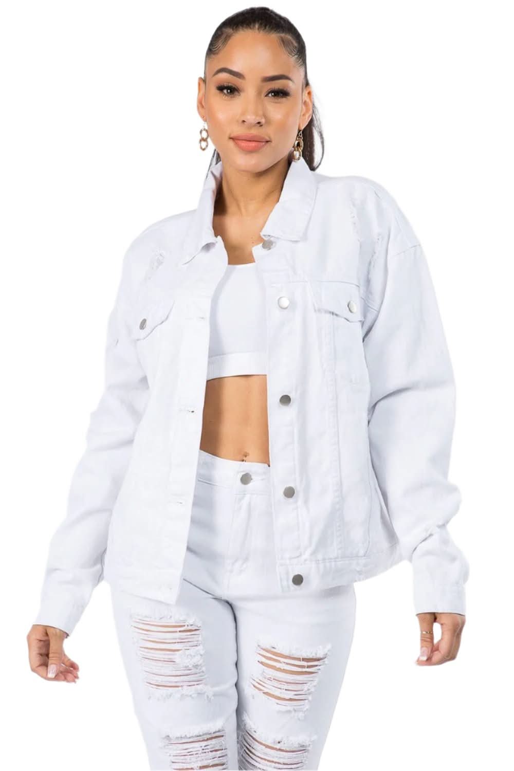 Graphic Distressed Denim Jacket - Love Salve 
