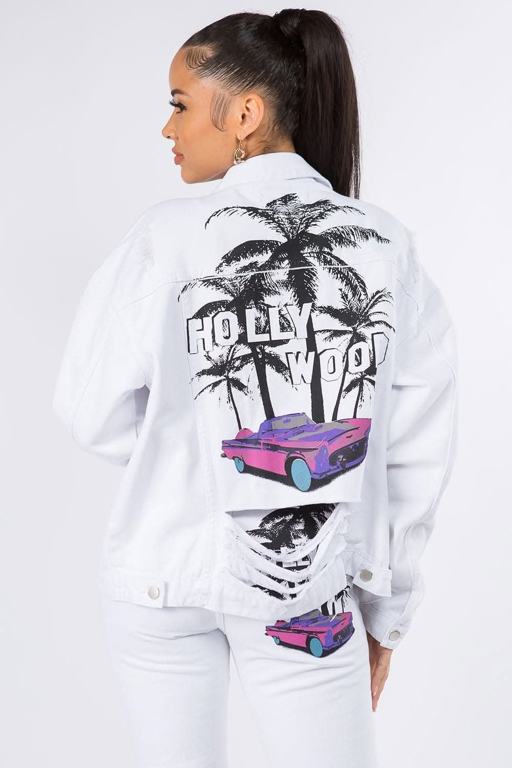 Graphic Distressed Denim Jacket - Love Salve 