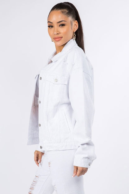 Graphic Distressed Denim Jacket - Love Salve 