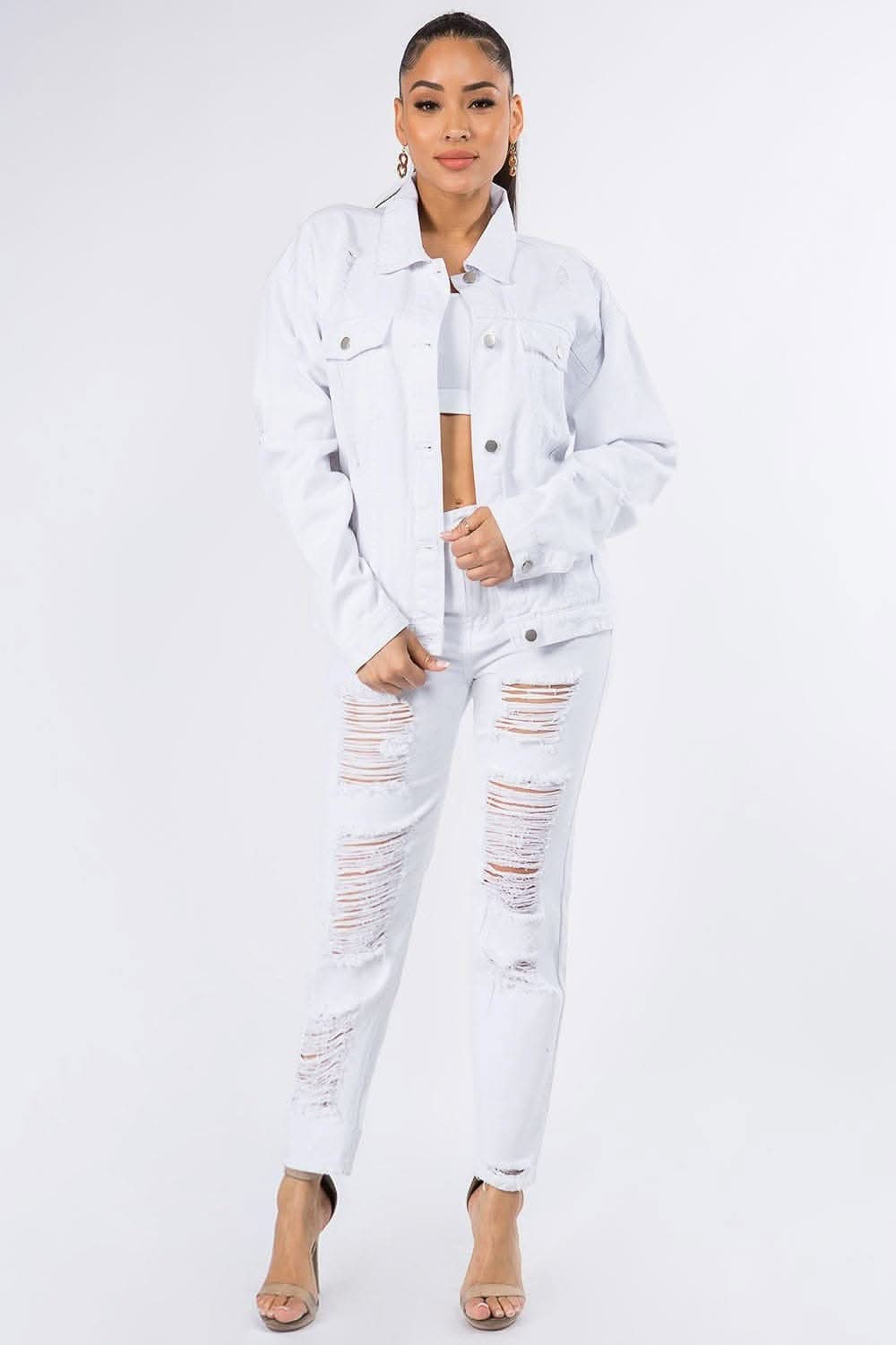 Graphic Distressed Denim Jacket - Love Salve 