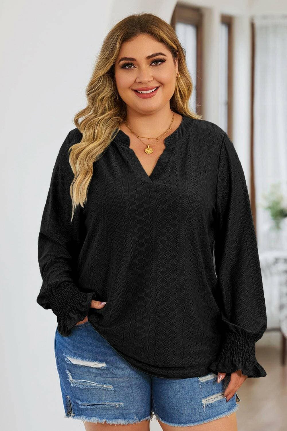 Eyelet Detailed Plus Size Flounce Sleeve BlouseEyelet Detailed Plus Size Flounce Sleeve Blouse
 
 
Delicate Charm: Elevate your style with exquisite eyelet sheer detailing.
 
Flattering Fit: Opaque stretch materiLove Salve Size Flounce Sleeve Blouseplus