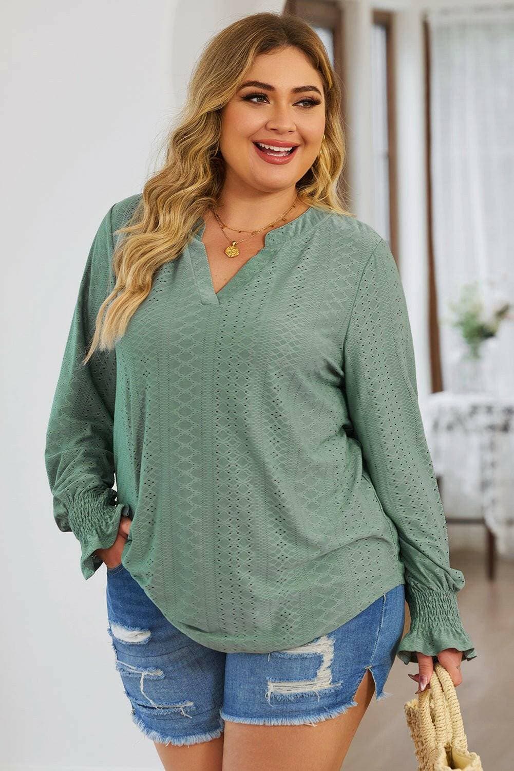 Eyelet Detailed Plus Size Flounce Sleeve BlouseEyelet Detailed Plus Size Flounce Sleeve Blouse
 
 
Delicate Charm: Elevate your style with exquisite eyelet sheer detailing.
 
Flattering Fit: Opaque stretch materiLove Salve Size Flounce Sleeve Blouseplus