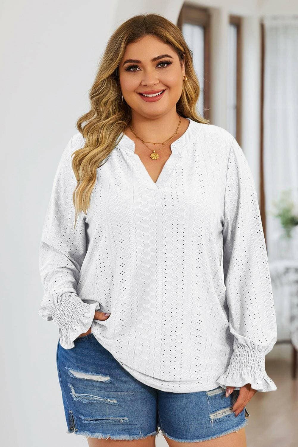 Eyelet Detailed Plus Size Flounce Sleeve BlouseEyelet Detailed Plus Size Flounce Sleeve Blouse
 
 
Delicate Charm: Elevate your style with exquisite eyelet sheer detailing.
 
Flattering Fit: Opaque stretch materiLove Salve Size Flounce Sleeve Blouseplus