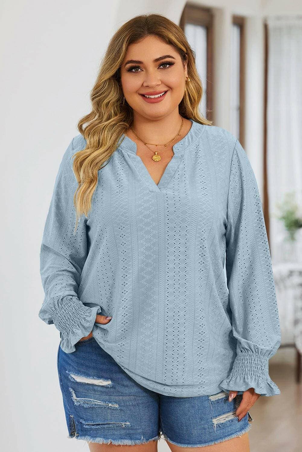 Eyelet Detailed Plus Size Flounce Sleeve BlouseEyelet Detailed Plus Size Flounce Sleeve Blouse
 
 
Delicate Charm: Elevate your style with exquisite eyelet sheer detailing.
 
Flattering Fit: Opaque stretch materiLove Salve Size Flounce Sleeve Blouseplus