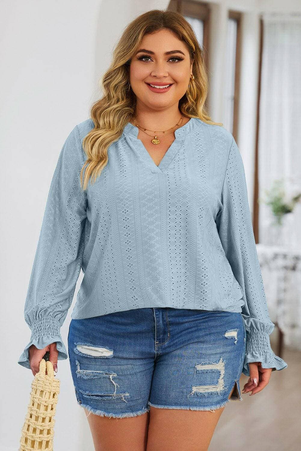 Eyelet Detailed Plus Size Flounce Sleeve BlouseEyelet Detailed Plus Size Flounce Sleeve Blouse
 
 
Delicate Charm: Elevate your style with exquisite eyelet sheer detailing.
 
Flattering Fit: Opaque stretch materiLove Salve Size Flounce Sleeve Blouseplus